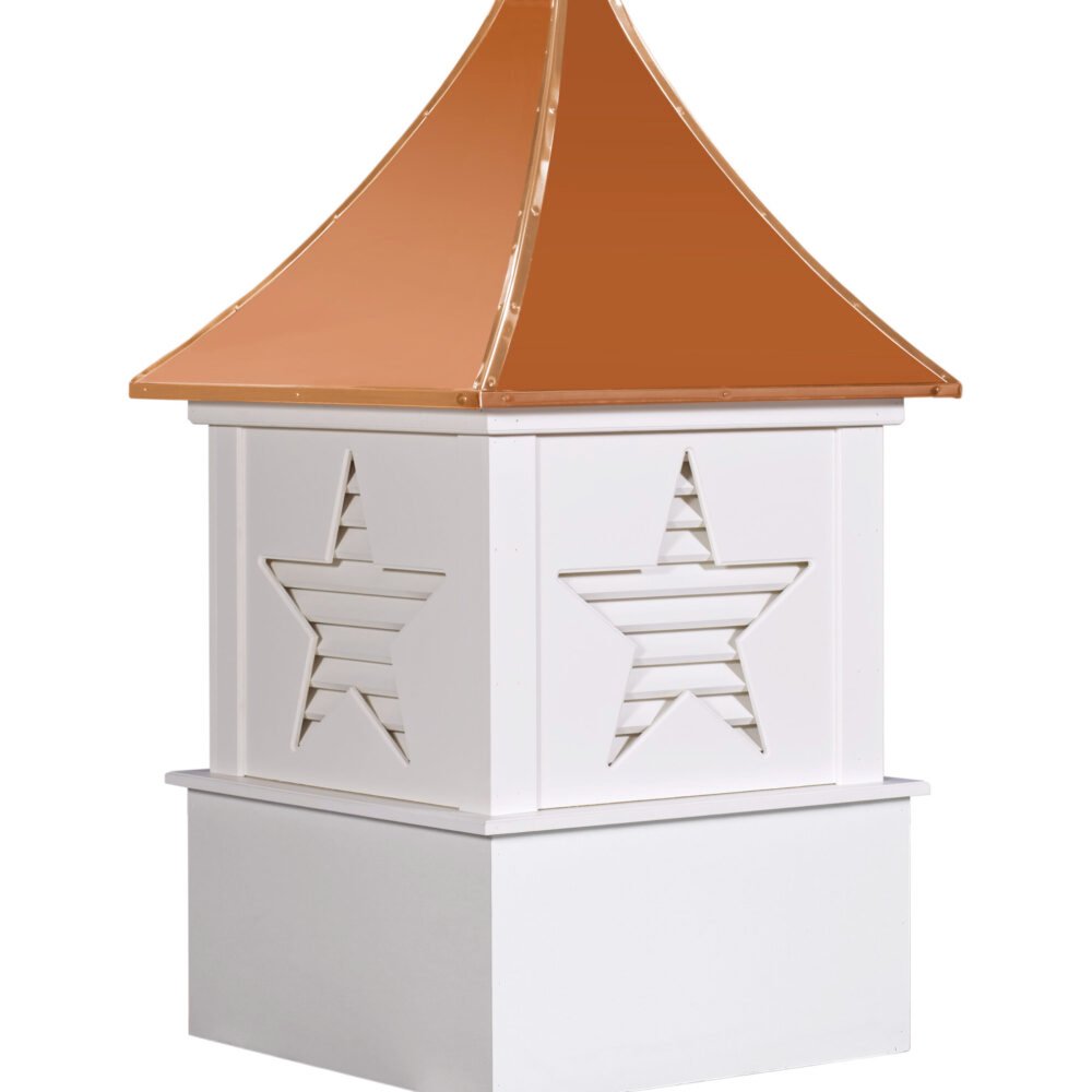 Alpha white vinyl cupola featuring decorative star cutouts and a polished copper roof, handcrafted by Country Cupolas and Weathervanes.
