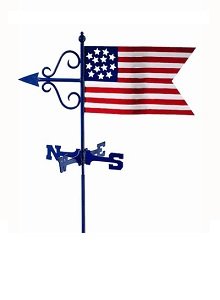 Hand-painted American Flag weathervane with vibrant red, white, and blue stars and stripes, featuring a decorative arrow and blue directionals.