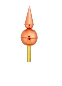 Polished copper Avalon finial with a sphere and pointed spire design, handcrafted by Country Cupolas and Weathervanes.