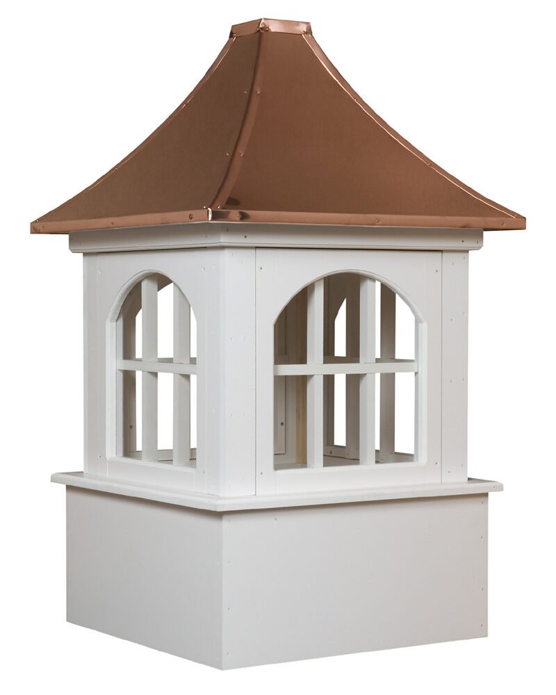 Bethany white vinyl cupola with arched windows and a polished copper roof, maintenance-free design by Country Cupolas and Weathervanes.
