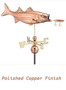 Polished copper bass fish weathervane with a decorative lure, featuring brass directionals and a sturdy mounting rod.