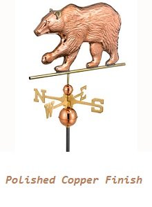 Polished copper walking bear weathervane with realistic textures, featuring brass directionals and a decorative copper globe.