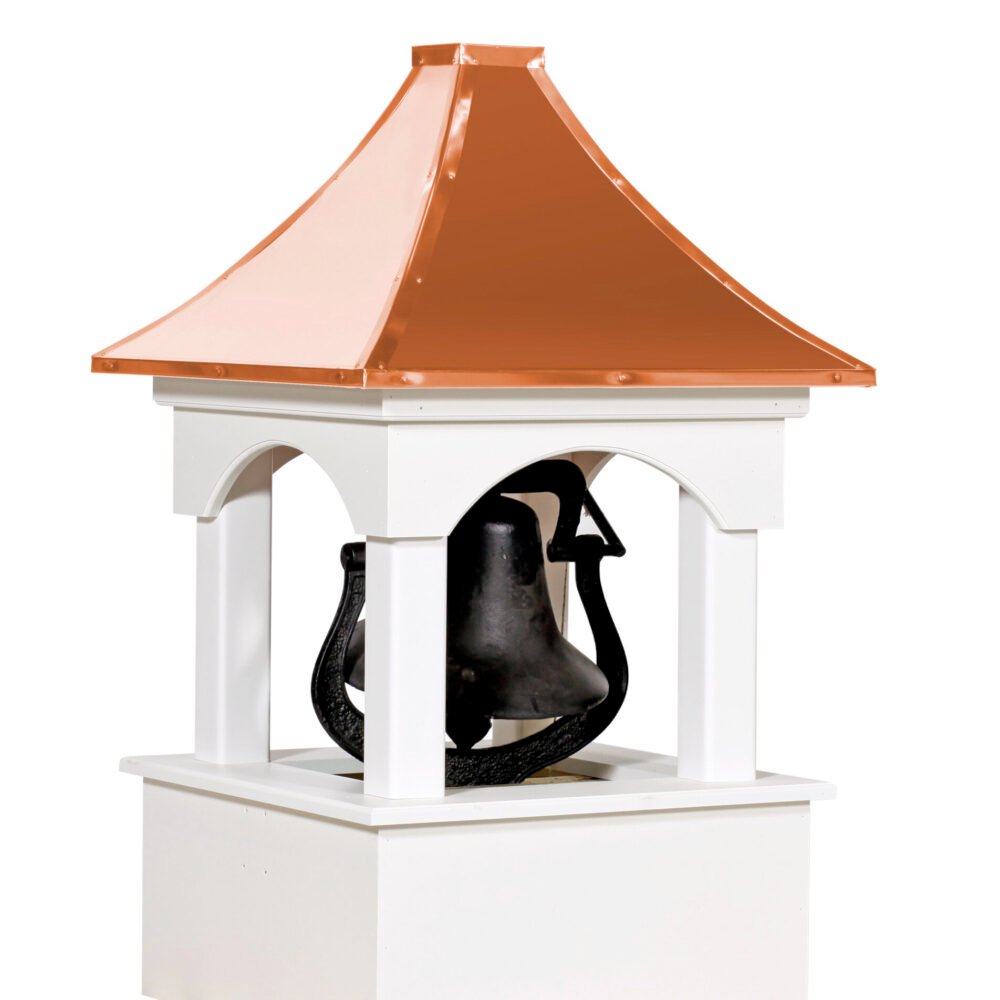 White vinyl Bell Tower cupola with a polished copper roof and open arched midsection, handcrafted by Country Cupolas and Weathervanes.
