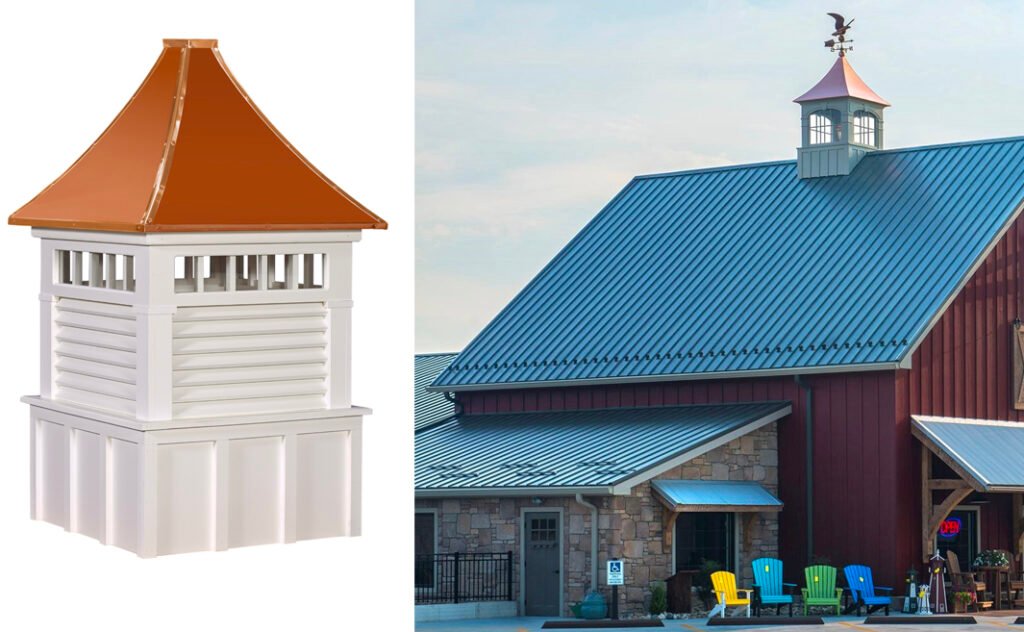 board and batten cupola base installed on metal barn roof