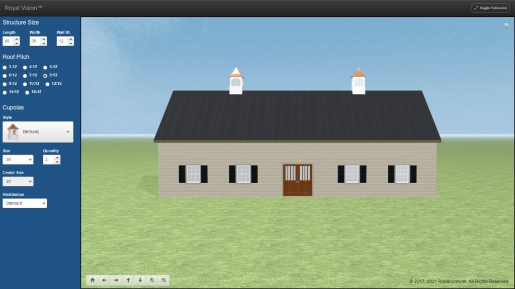 Interactive Cupola Visualizer tool showing a 3D model of a building with custom white cupolas to help with sizing and style selection.