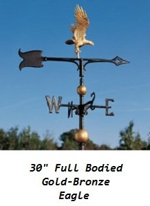 30-inch full-bodied Gold-Bronze eagle weathervane in flight, featuring a golden eagle silhouette on a black directional base with gold-toned globes.