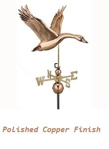 Polished copper feathered goose weathervane in flight with detailed wings, featuring brass directionals and a decorative copper globe.