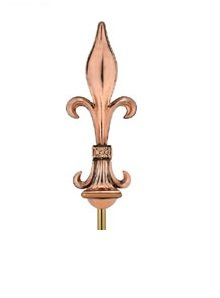 Polished copper Fleur-De-Lis weathervane finial with elegant curved petals and a sturdy vertical mounting rod.