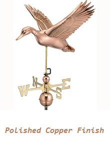Polished copper flying duck weathervane with outstretched wings, featuring brass directionals and a decorative copper globe.