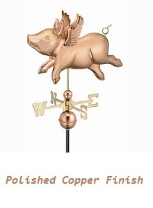 Flying pig weathervane in polished copper finish