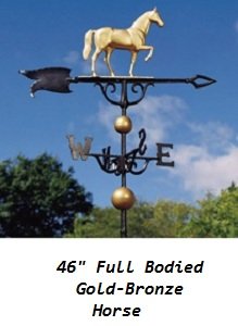 46 inch full-bodied gold bronze horse weathervane mounted on a rooftop against the sky