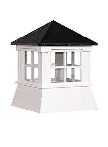 White manor style cupola with black metal roof and glass windows