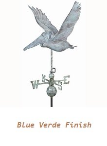 Pelican copper weathervane with a Blue Verde patina finish, featuring wide wingspan and detailed feathers, by Country Cupolas and Weathervanes.