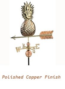 Polished copper pineapple weathervane, a traditional symbol of hospitality, featuring detailed texture and directional arrows, by Country Cupolas and Weathervanes.