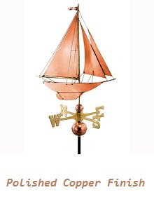Racing Sloop polished copper weathervane with detailed sails and a sleek hull design, handcrafted by Country Cupolas and Weathervanes.