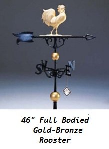 Large 46-inch full-bodied rooster weathervane with a gold-bronze finish, featuring a traditional arrow and globes, by Country Cupolas and Weathervanes.