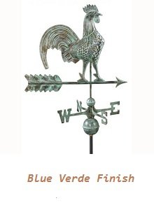 Traditional rooster copper weathervane with a Blue Verde patina finish, featuring detailed feathers and directional indicators, by Country Cupolas and Weathervanes.