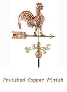 Classic rooster copper weathervane with a polished finish, featuring detailed feathers and a traditional directional arrow, by Country Cupolas and Weathervanes.