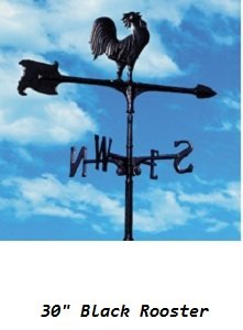 30-inch black rooster weathervane with traditional arrow and directionals against a blue sky, handcrafted by Country Cupolas and Weathervanes.
