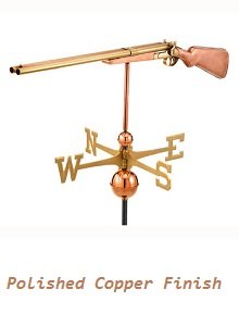 Polished copper shotgun weathervane with a realistic rifle design and directional arrows, handcrafted by Country Cupolas and Weathervanes.