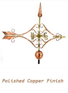 Victorian Arrow polished copper weathervane with ornate scrollwork and a sharp spire design, handcrafted by Country Cupolas and Weathervanes.