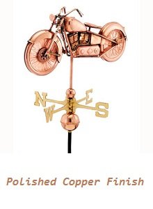 Polished copper vintage motorcycle weathervane with a classic cruiser design, featuring directional arrows, handcrafted by Country Cupolas and Weathervanes.