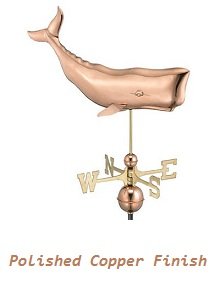 Polished copper whale weathervane with a majestic humpback design, featuring directional arrows and globe, by Country Cupolas and Weathervanes.