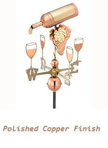 Polished copper wine bottle weathervane with wine glasses and grapes design, handcrafted by Country Cupolas and Weathervanes.