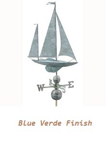 Yawl sailboat copper weathervane with a Blue Verde patina finish, featuring sails and directional arrows, by Country Cupolas and Weathervanes.