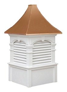 Alexander white vinyl cupola with functional louvers and a polished copper roof, maintenance-free ventilation solution by Country Cupolas and Weathervanes.