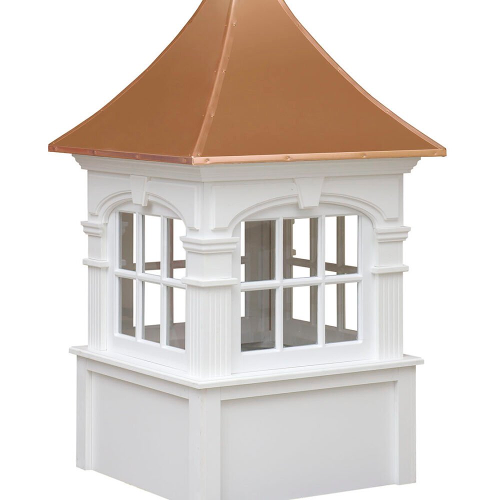 Square cupola with copper pyramid roof and open windows