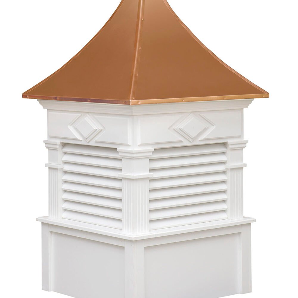 White liberty style cupola with louvered sides and copper roof