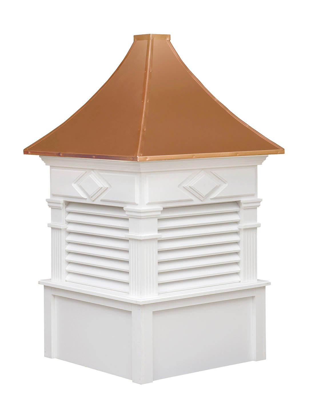 White liberty style cupola with louvered sides and copper roof