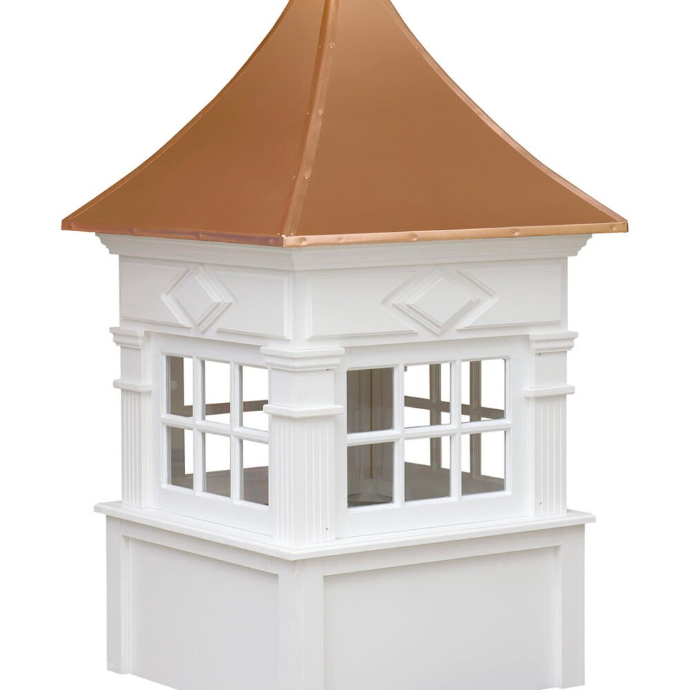 Quincy style white cupola with copper roof and decorative trim