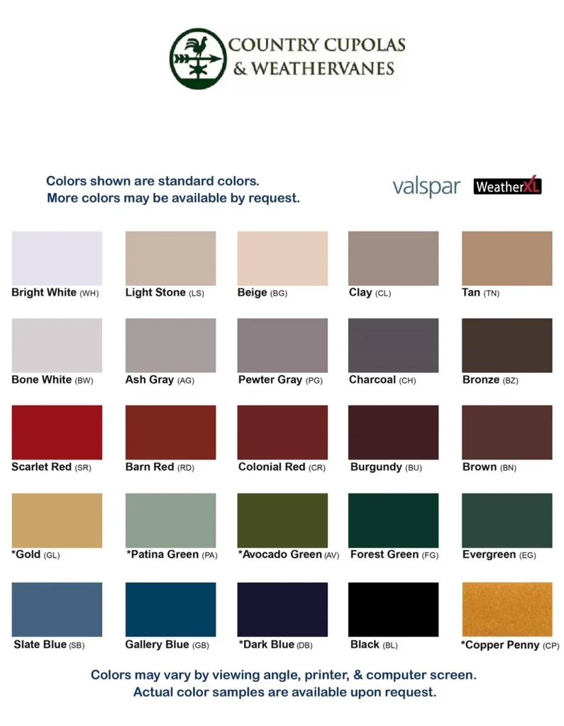 Metal cupola color options chart showing available Valspar WeatherXL finishes