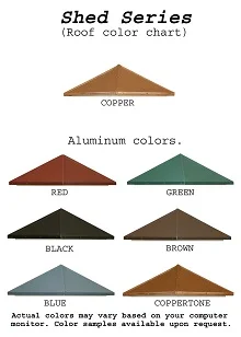 Shed series roof color chart showing copper and aluminum color options